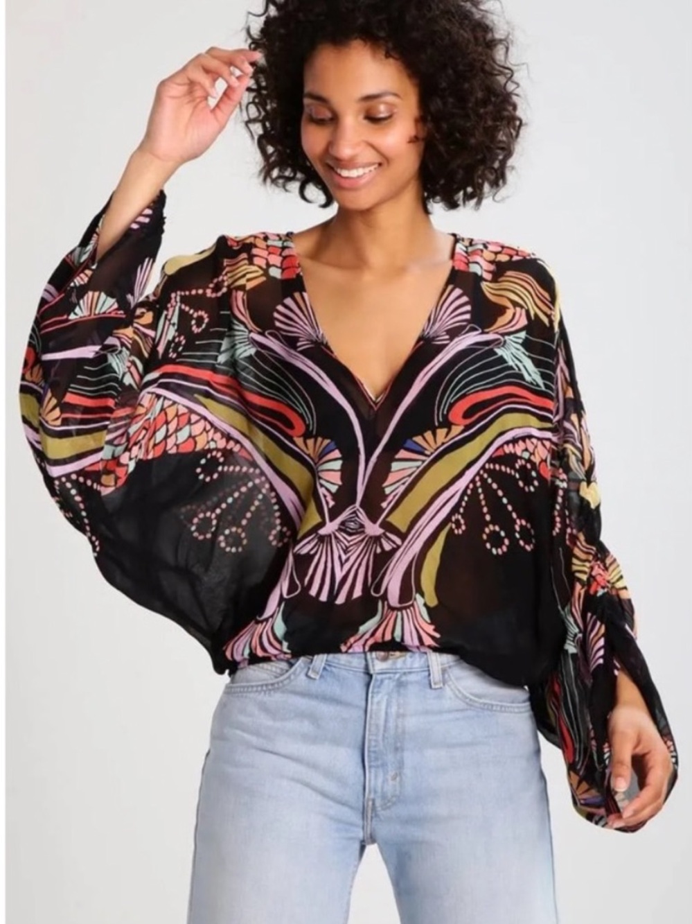 Free People Black Multicolor V-Neck Boho Blouse